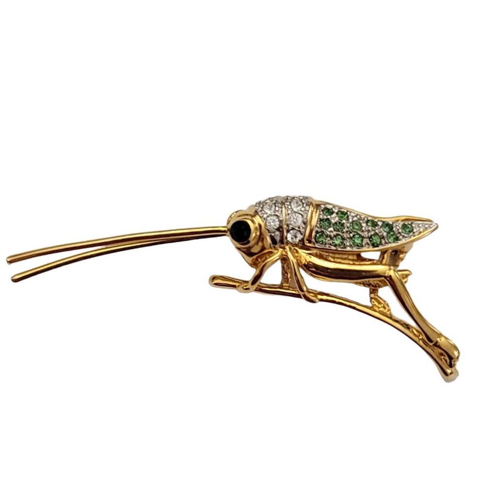Butler Gold Tone Clear Green Rhinestone Grasshopper, Cricket Pin Brooch, K563